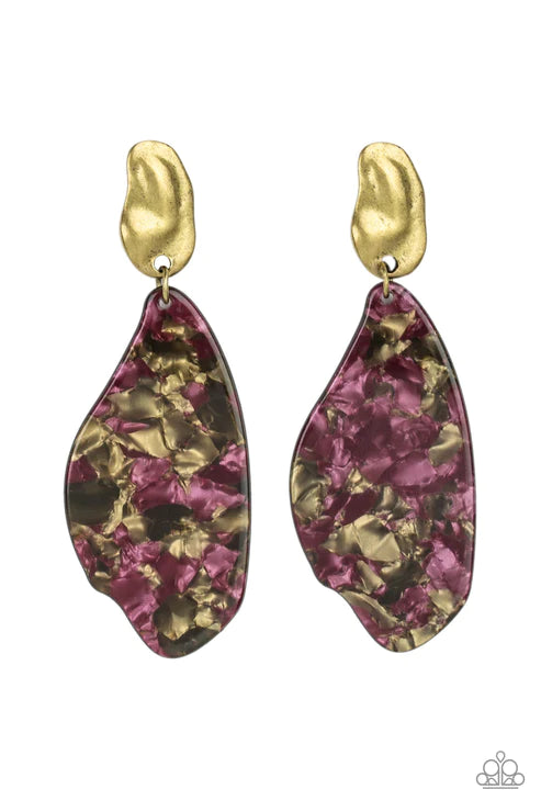 Fish Out of Water - Oversized Brass Retro Faux Marble Abstract Swing Earrings E#3907