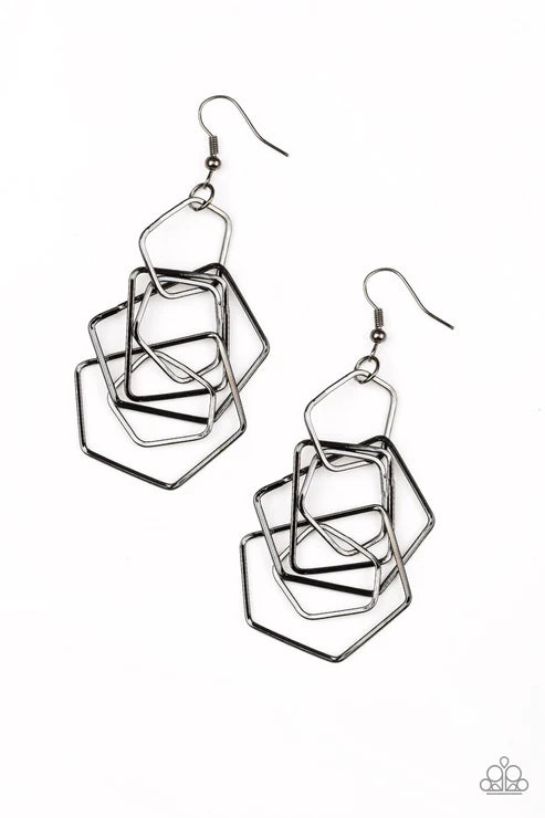 Five-Sided Fabulous - Black Pentagon Bars Clustered Fringe Earrings E#3827