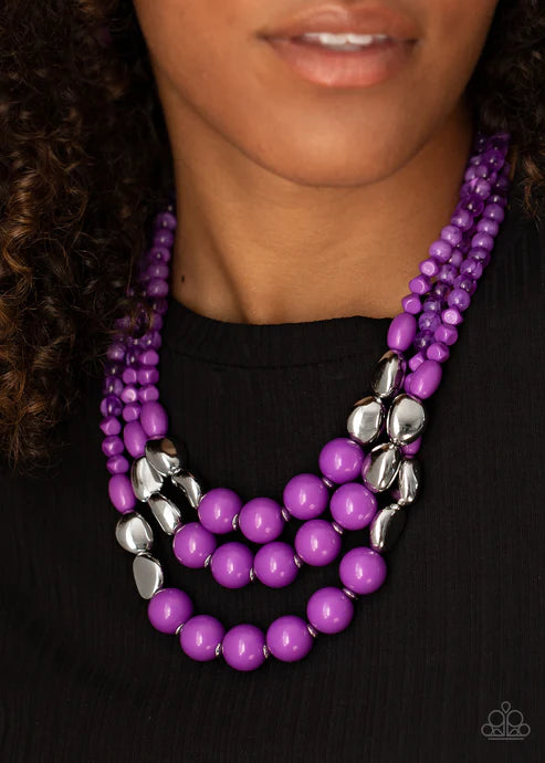 Flamingo Flamboyance - Purple/Silver Imperfect Polished Glassy Crystal Necklace N#4144