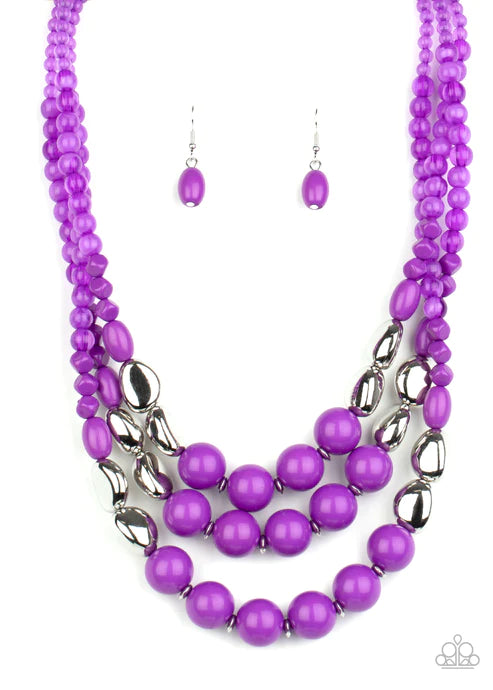Flamingo Flamboyance - Purple/Silver Imperfect Polished Glassy Crystal Necklace N#4144