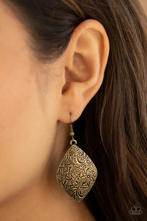 Flauntable Florals - Brass Antiqued Embossed Floral Earrings E#4385