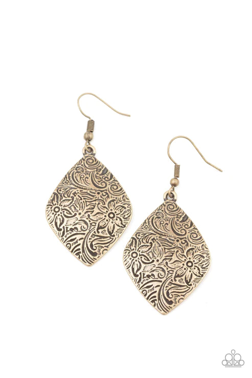 Flauntable Florals - Brass Antiqued Embossed Floral Earrings E#4385