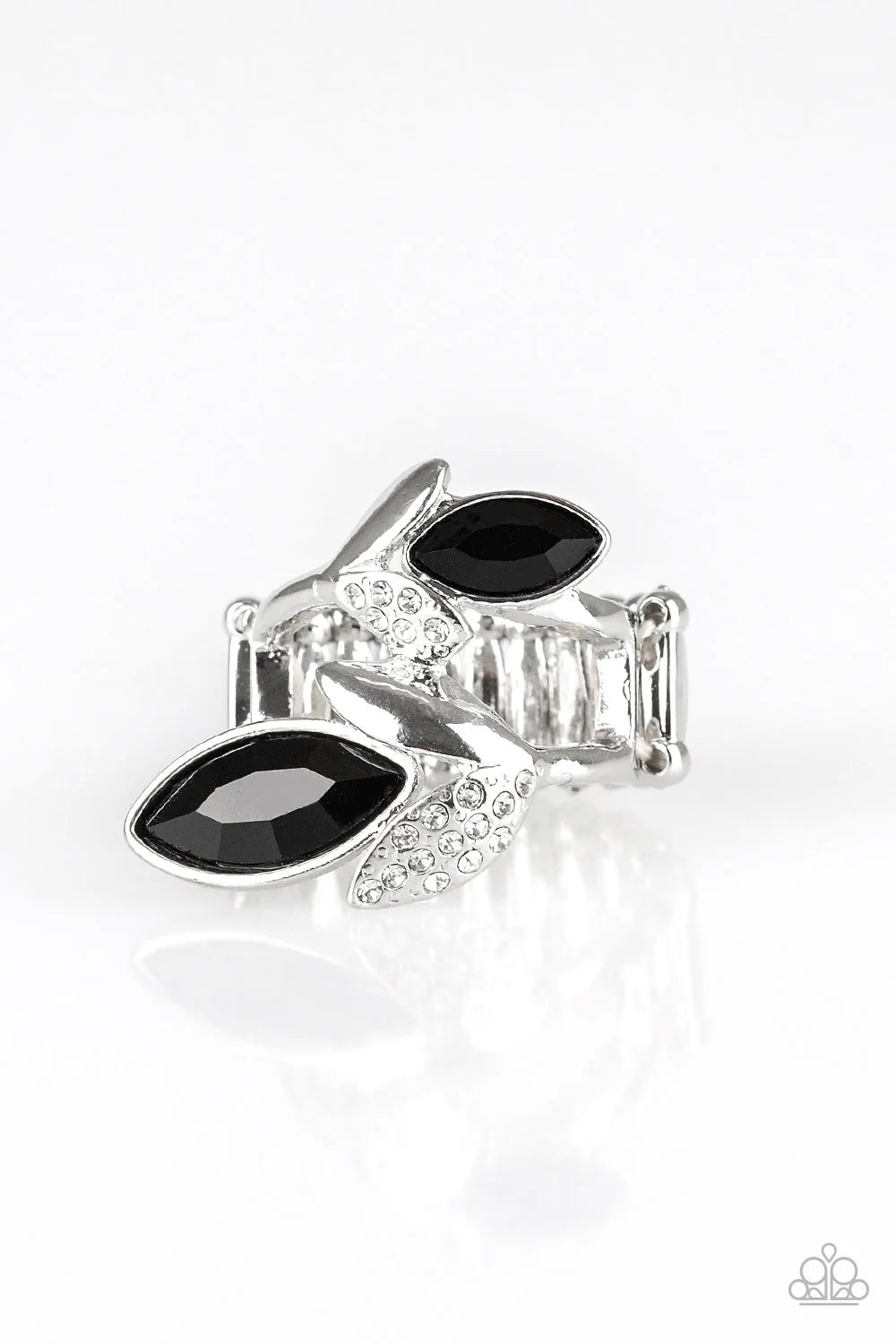 Flawless Foliage - Black Leafy Bloom Marquise Cut Encrusted Ring R#7073
