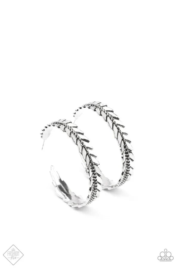 Flew The Nest - Oversized Silver Twisted Bars Elongated Feather Curl Free-Spirited Rustic Hoop Earrings E#6920