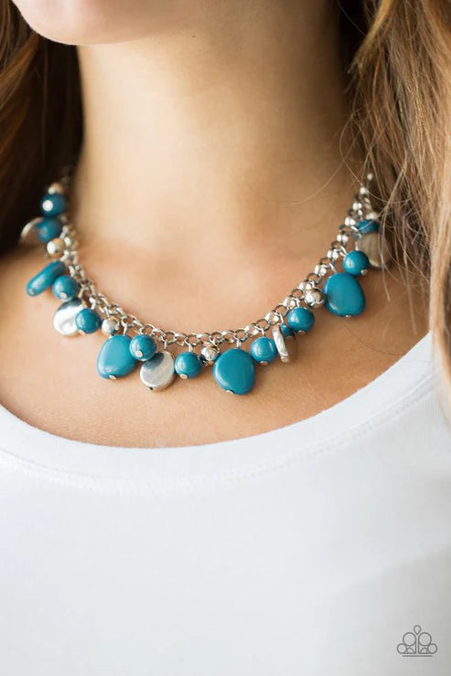 Flirtatiously Florida - Blue/Silver Round/Asymmetrical Accent Fringe Necklace N#6361