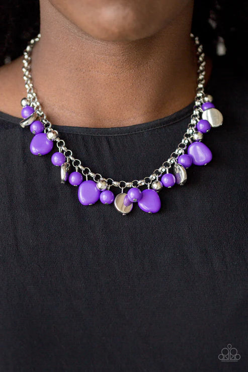 Flirtatiously Florida - Purple/Silver Round/Asymmetrical Accent Fringe Necklace N#4749