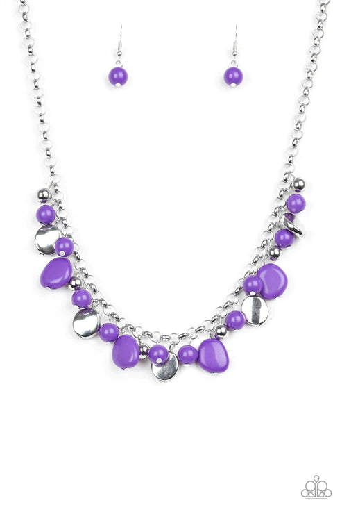 Flirtatiously Florida - Purple/Silver Round/Asymmetrical Accent Fringe Necklace N#4749