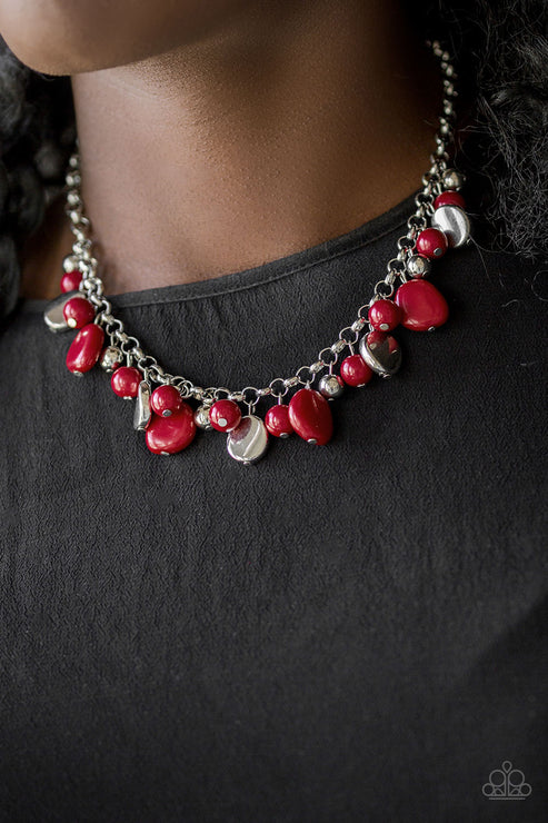 Flirtatiously Florida - Red/Silver Round/Asymmetrical Accent Fringe Necklace N#4507