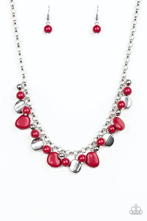 Flirtatiously Florida - Red/Silver Round/Asymmetrical Accent Fringe Necklace N#4507