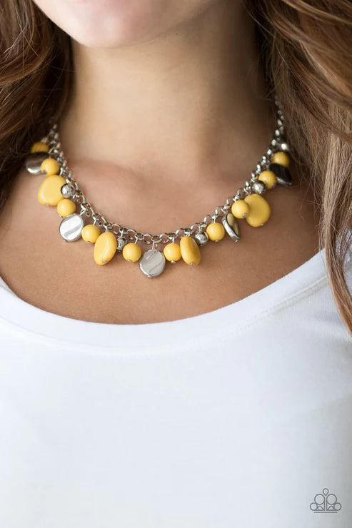 Flirtatiously Florida - Yellow/Silver Round/Asymmetrical Accent Fringe Necklace N#6193