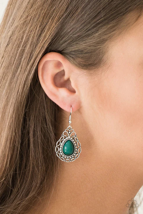 Flirty Finesse - Green Studded Filigree Teardrop Earrings E#3759