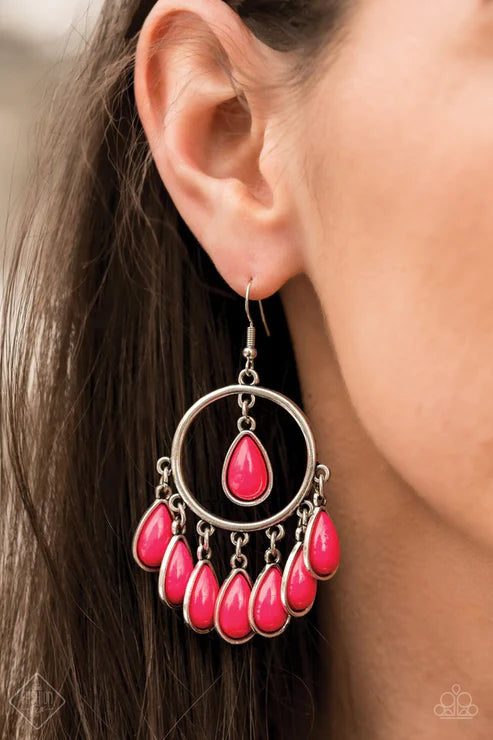 Flirty Flamboyance - Pink Suspended Teardrop Fringe Hoop Earrings E#4586