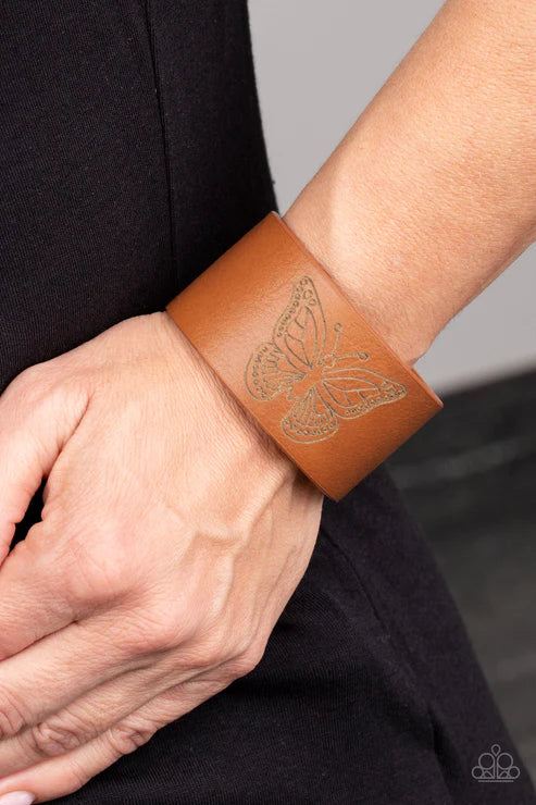 Flirty Flutter - Brown Stamped Whimsical Butterfly Rustic Brown Leather Adjustable Snap Closure Bracelet B#4658