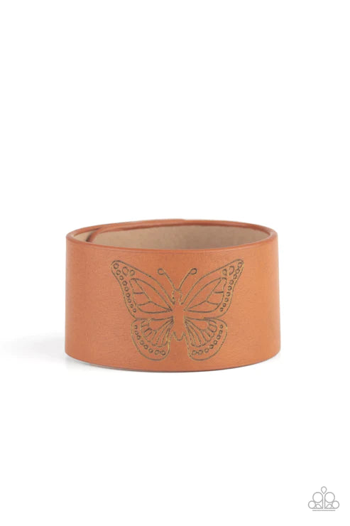 Flirty Flutter - Brown Stamped Whimsical Butterfly Rustic Brown Leather Adjustable Snap Closure Bracelet B#4658