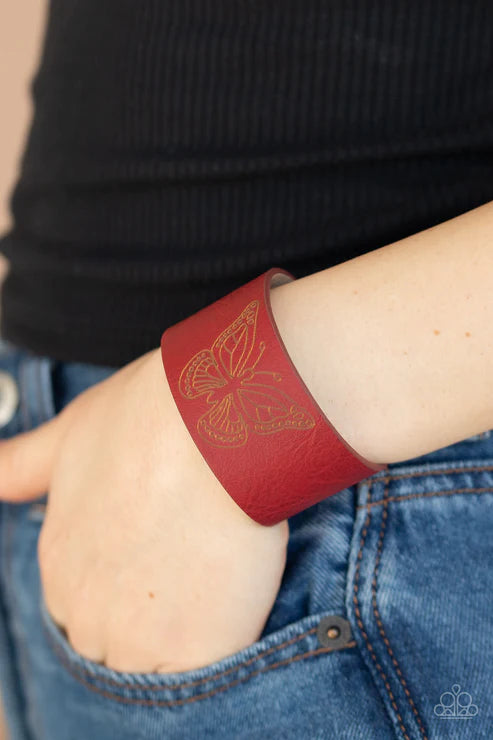 Flirty Flutter - Red Stamped Whimsical Butterfly Rustic Red Leather Adjustable Snap Closure Bracelet B#4728