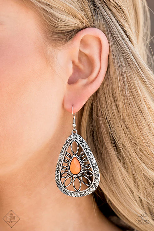 Floral Frill - Oversized Orange (Orange Peel) Studded Swirl Filigree Teardrop Earrings E#4212