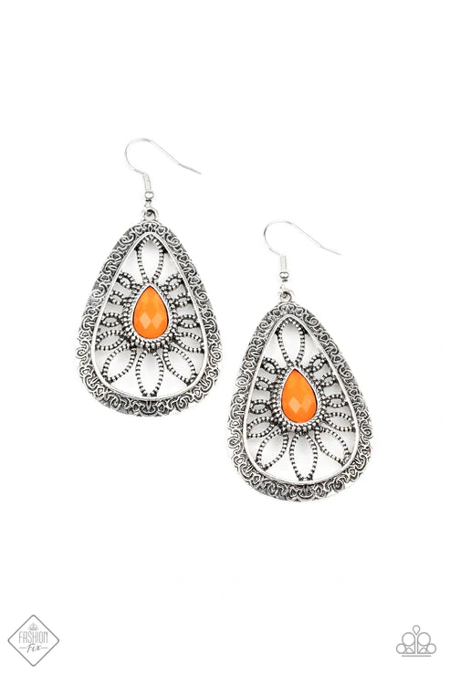 Floral Frill - Oversized Orange (Orange Peel) Studded Swirl Filigree Teardrop Earrings E#4212