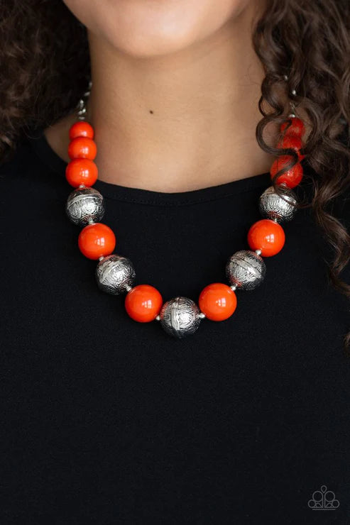 Floral Fusion - Bubbly Orange Embossed Floral Accent Necklace N#3397