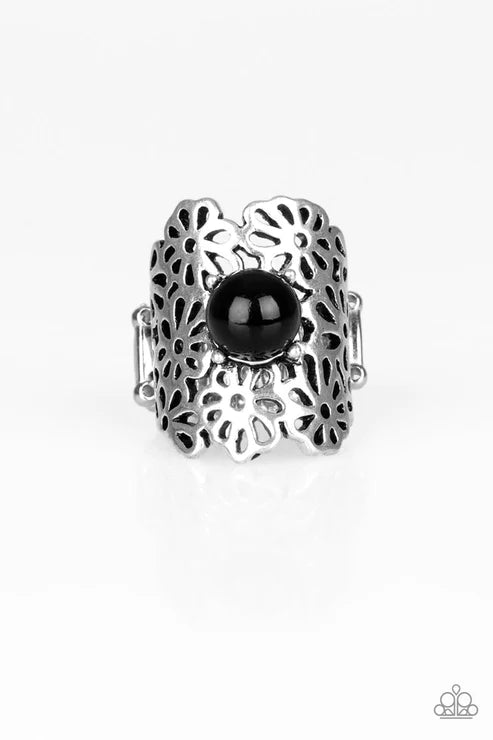 Flower Shower - Oversized Black Dotted Airy 3D Stenciled Flower Ring R#6266
