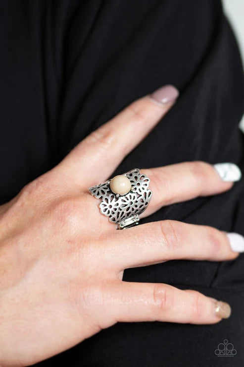 Flower Shower - Oversized Brown Soybean Dotted Airy 3D Stenciled Flower Ring R#5866