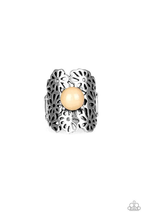 Flower Shower - Oversized Brown Soybean Dotted Airy 3D Stenciled Flower Ring R#5866