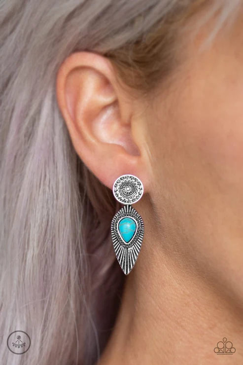 Fly Into The Sun - Blue Stone Dotted Feather Double-Sided Earrings E#3693