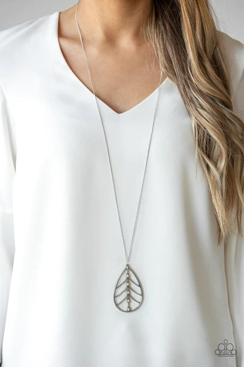Forest Flair - Oversized Brown Airy Dotted Rectangular Leaf Necklace N#6142