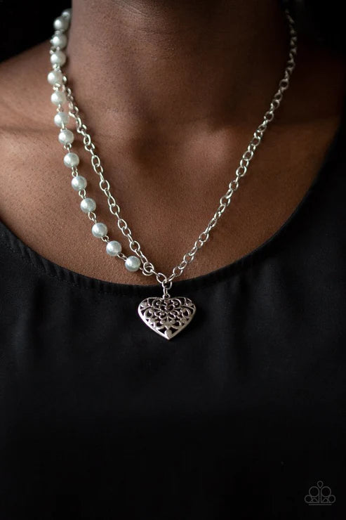 Forever In My Heart - Silver Pearl 3D Heart Asymmetrical Swirl Filigree Necklace N#3887