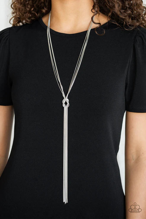 Forget Me KNOT - Silver Knotted Snake Chain Tassel Flair Necklace N#7252
