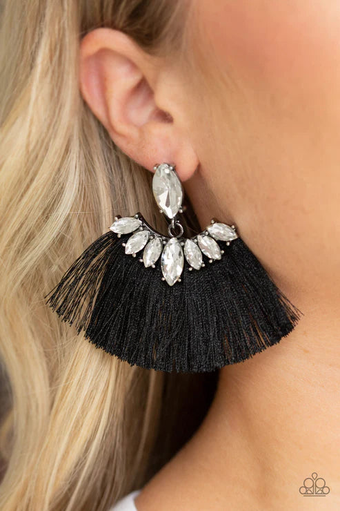 Formal Flair - Oversized Black Solitaire Marquise Cut Plume Crowned Encrusted Fringe Earrings E#4055