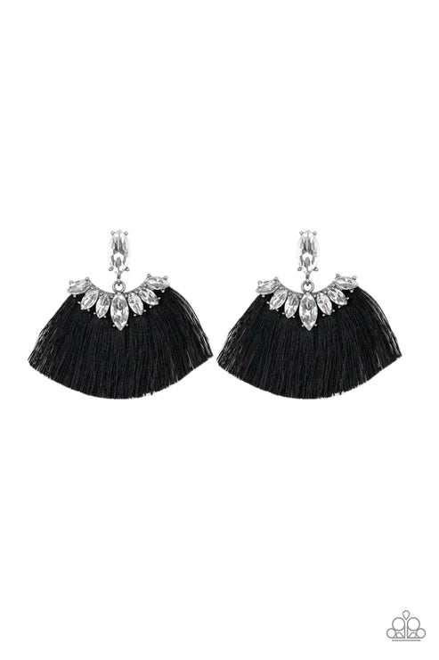 Formal Flair - Oversized Black Solitaire Marquise Cut Plume Crowned Encrusted Fringe Earrings E#4055