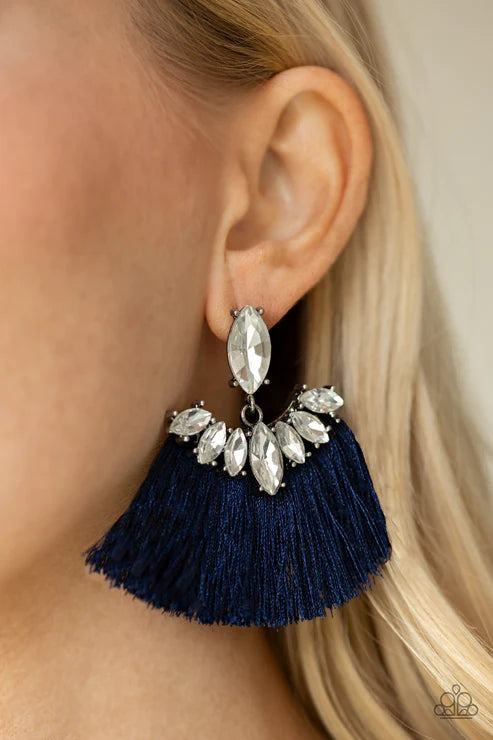 Formal Flair - Oversized Blue Solitaire Marquise Cut Plume Crowned Encrusted Fringe Earrings E#123