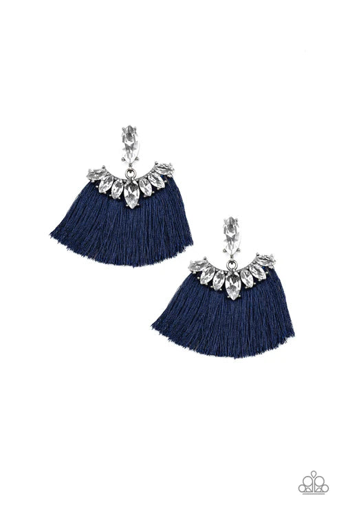 Formal Flair - Oversized Blue Solitaire Marquise Cut Plume Crowned Encrusted Fringe Earrings E#123