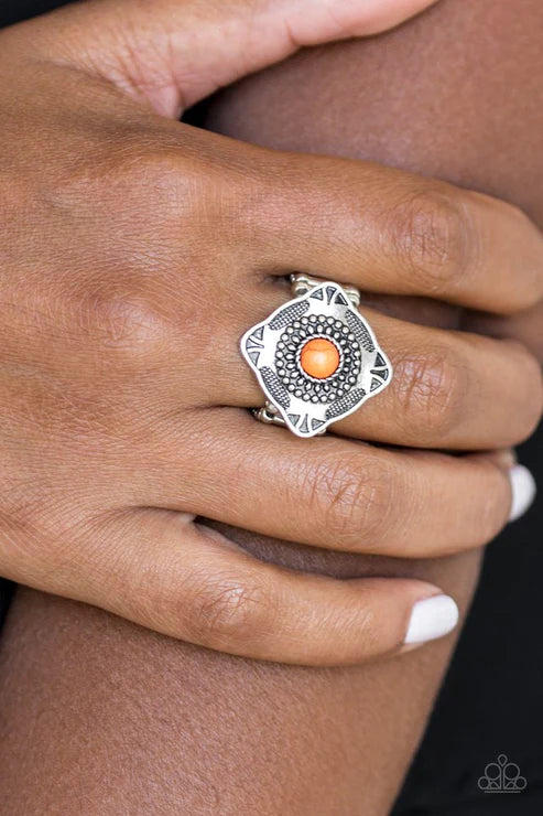 Four Corners Fashion - Orange Embossed Studded Tilted Square Stone Tribal Ring R#5274