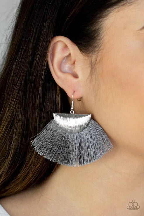 Fox Trap - Silver/Gray Crescent Foxy Fan Flared Fringe Earrings E#2874
