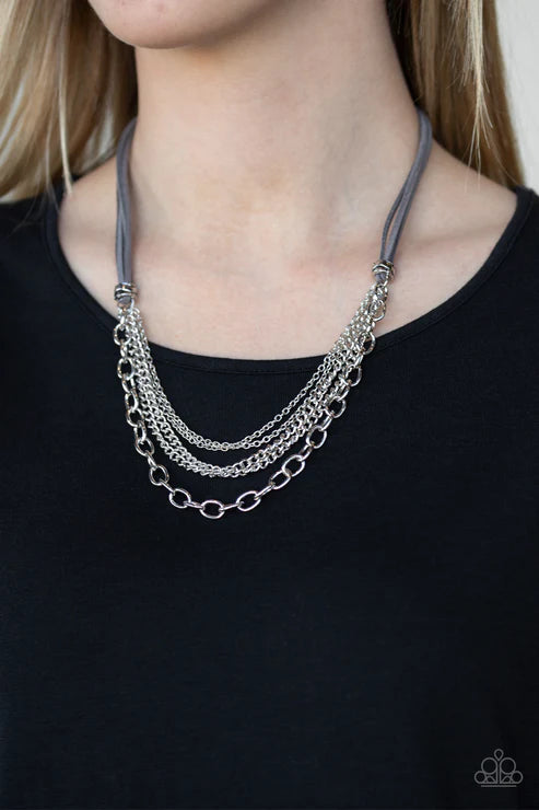 Free Roamer - Silver Suspended Mismatched Spunky Industrial Suede Necklace N#3526