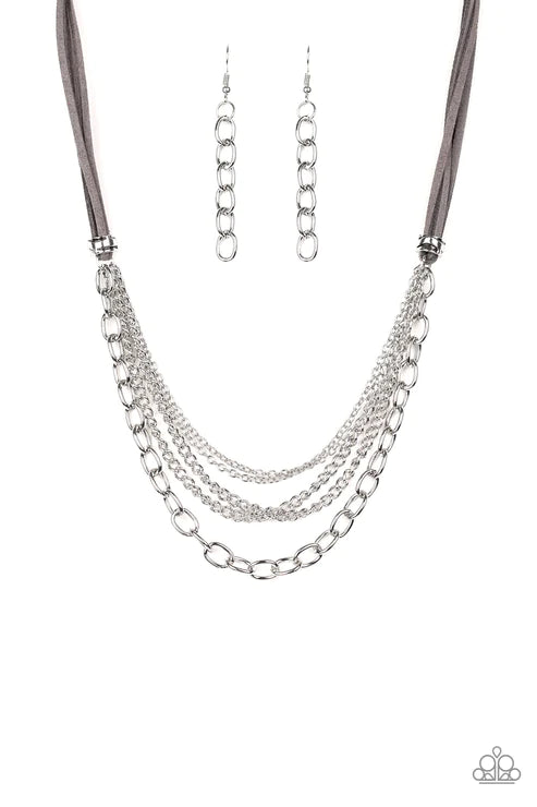 Free Roamer - Silver Suspended Mismatched Spunky Industrial Suede Necklace N#3526