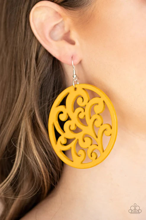 Fresh Off The Vine - Oversized Yellow Stenciled Vine Filigree Wood Earrings E#2972
