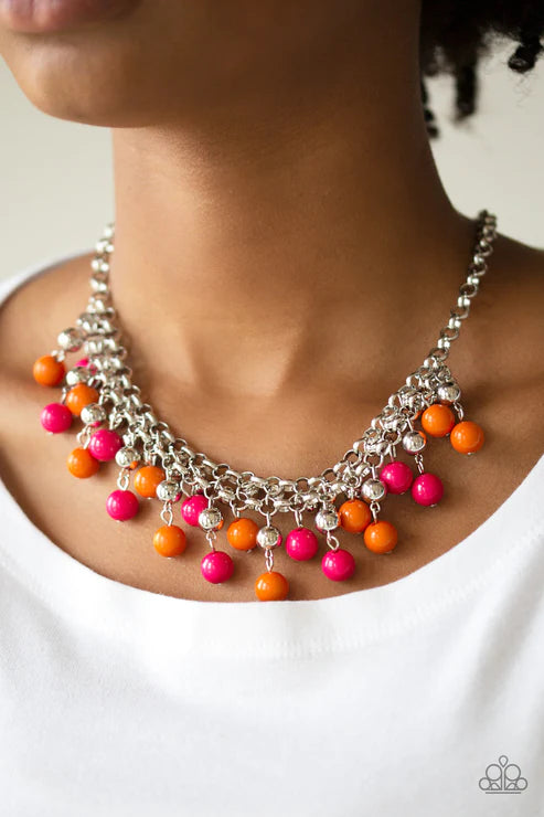 Friday Night Fringe - Multi (Pink/Orange/Silver) Trickle Interlocking Chains Fringe Necklace N#4512