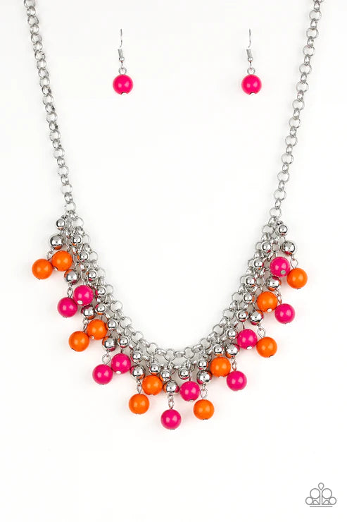 Friday Night Fringe - Multi (Pink/Orange/Silver) Trickle Interlocking Chains Fringe Necklace N#4512