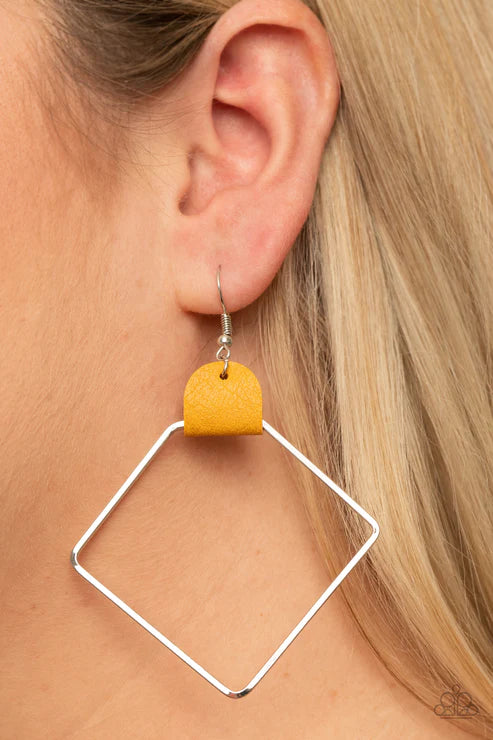 Friends of a LEATHER - Oversized Yellow (Golden) Airy Geometric Lure Pinched Leather Hoop Earrings E#2990