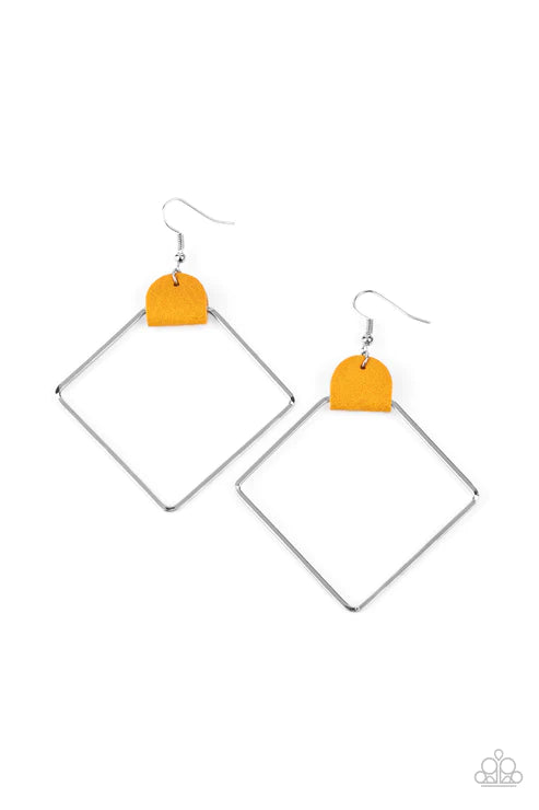 Friends of a LEATHER - Oversized Yellow (Golden) Airy Geometric Lure Pinched Leather Hoop Earrings E#2990