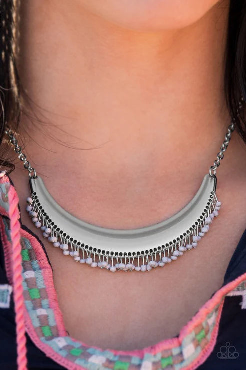 Fringe Out - Silver Seed Bead Crescent Fringe Necklace N#6324
