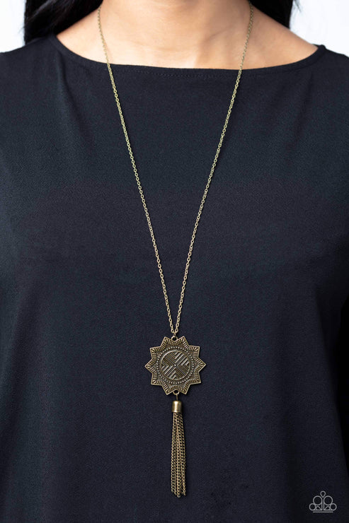 From Sunup to Sundown - Oversized Brass 3D Sunburst Tribal Tassel Necklace N#6368