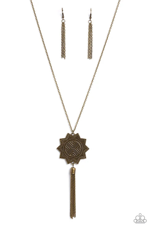 From Sunup to Sundown - Oversized Brass 3D Sunburst Tribal Tassel Necklace N#6368