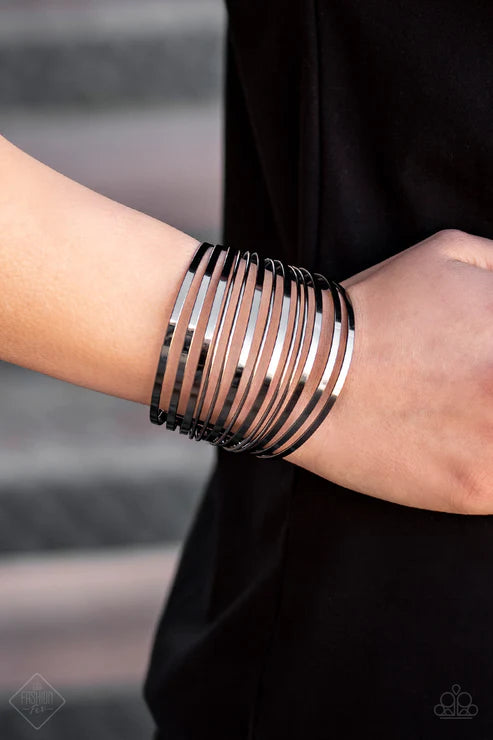 Front Line Shine - Oversized Black/Gunmetal Flat Arc Stacked Cuff Bracelet B#3824