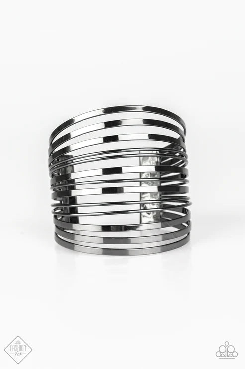 Front Line Shine - Oversized Black/Gunmetal Flat Arc Stacked Cuff Bracelet B#3824