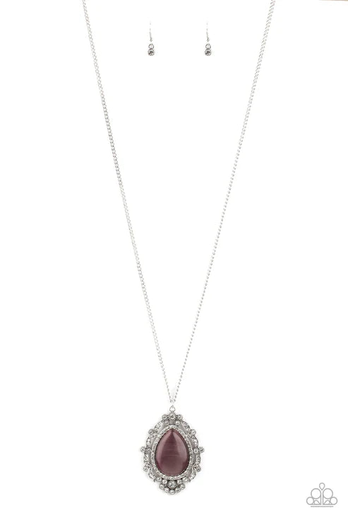Frozen Gardens - Oversized Purple Dotted White Encrusted Leafy Frames Nestle Cat's Eye Moonstone Teardrop Center Regal Pendant Necklace N#7372