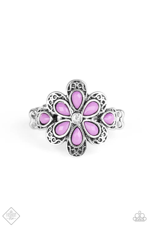 Fruity Florals - Purple Decorative Encrusted Petals Fans Out Accents Ring R#7257