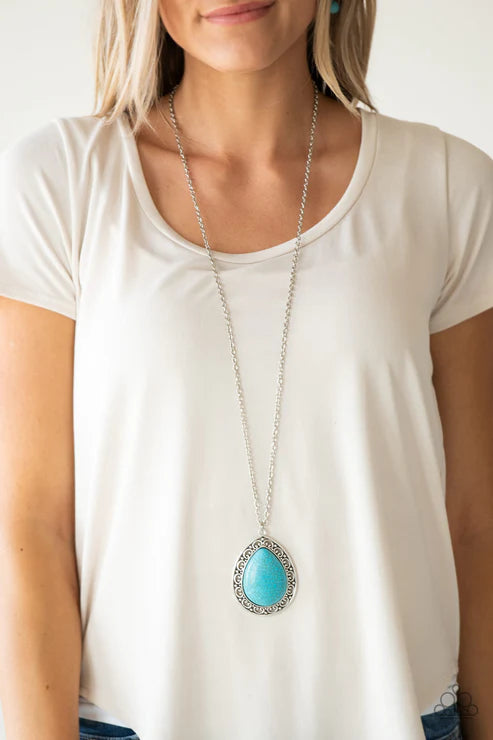 Full Frontier - Oversized Blue Stone Filigree Teardrop Necklace N#6187